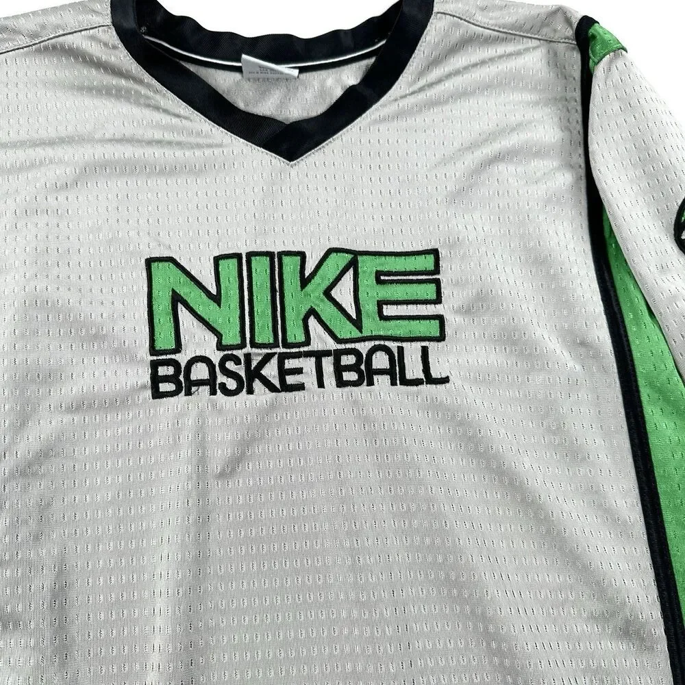 Nike Basketball Jersey Boys XL 18-20 Gray Green Long Sleeve Dri Fit Mesh